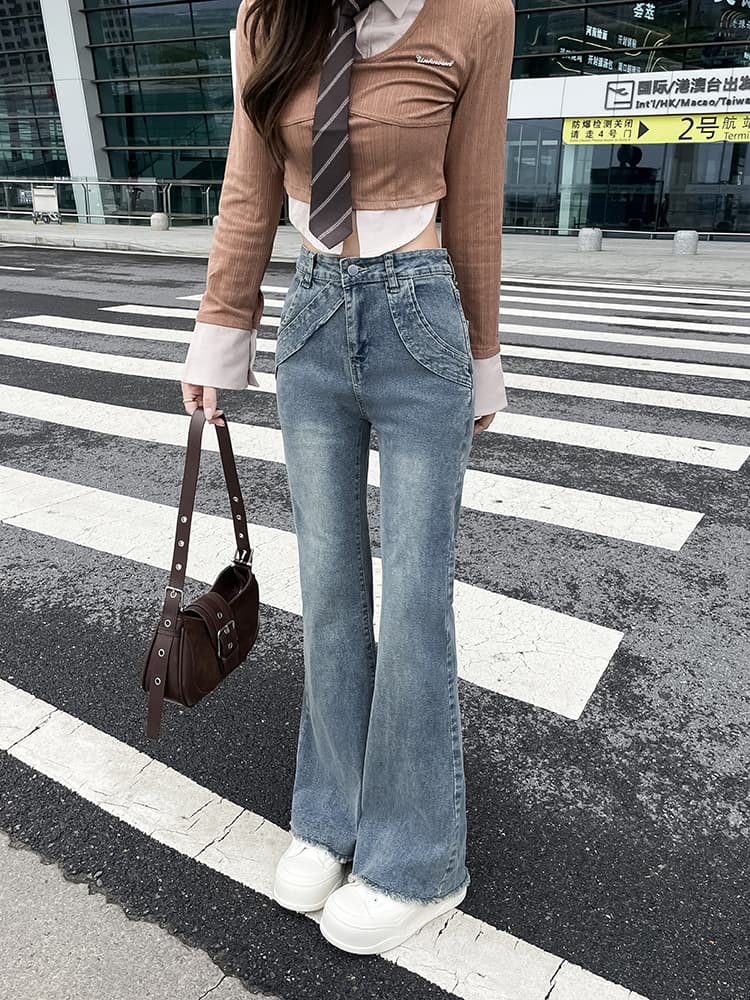실사 봄 가을 마이크로 나팔 넓은 다리 패션 슬림해 보이는 청바지 여성 빅 사이즈 지방 mm 로우 웨이스트 도루 센스 바닥 청소 바지 상세 이미지 9