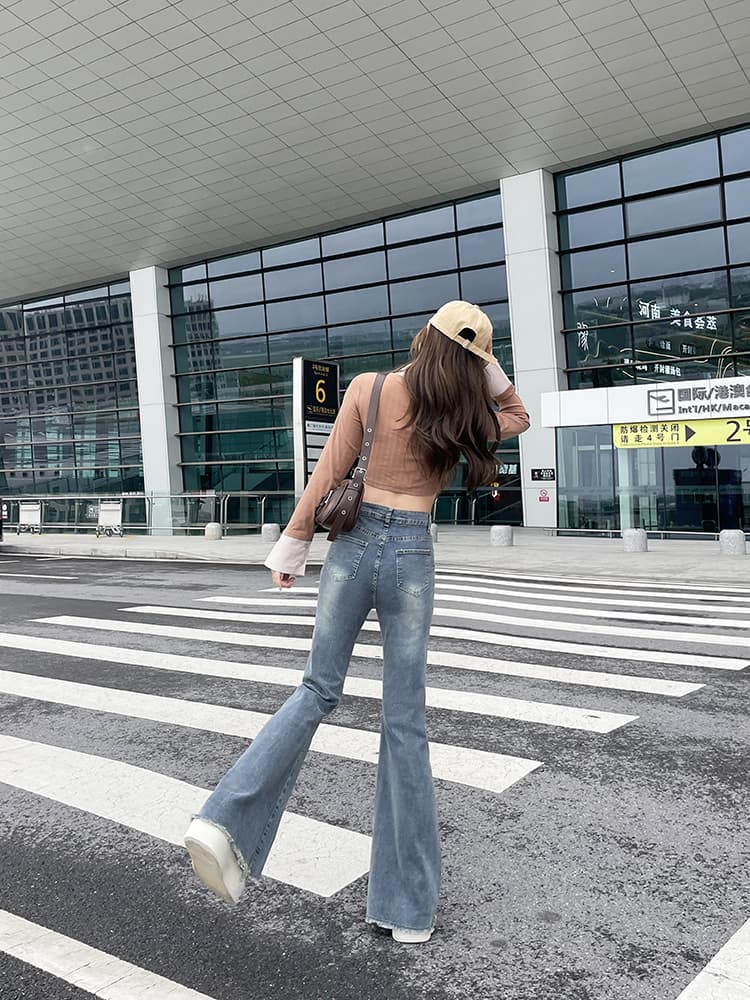 실사 봄 가을 마이크로 나팔 넓은 다리 패션 슬림해 보이는 청바지 여성 빅 사이즈 지방 mm 로우 웨이스트 도루 센스 바닥 청소 바지 상세 이미지 12