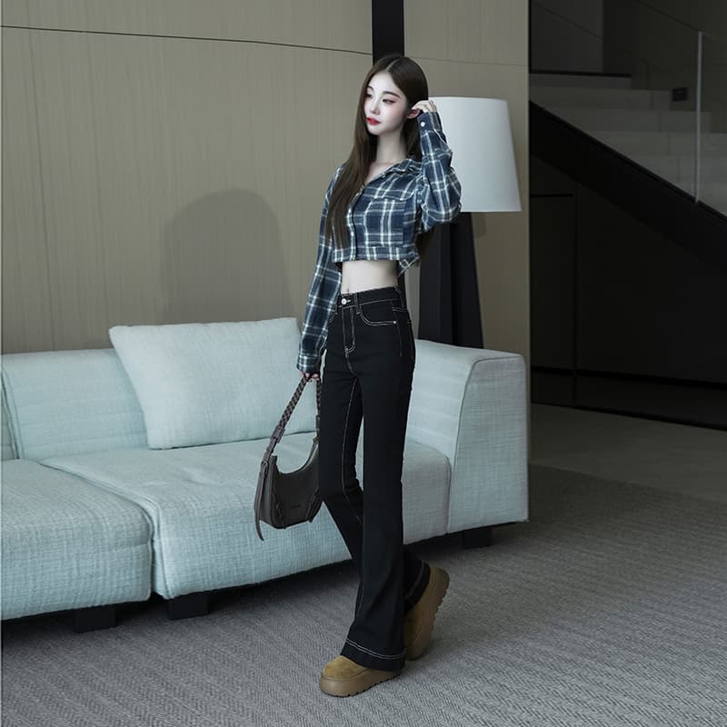 실사 봄 가을 마이크로 나팔 넓은 다리 패션 슬림해 보이는 청바지 여성 빅 사이즈 지방 mm 하이웨이스트 도루 센스 바닥 청소 바지 이미지 3
