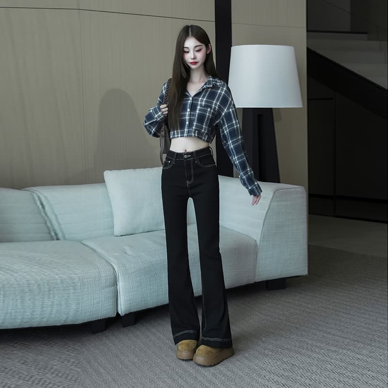 실사 봄 가을 마이크로 나팔 넓은 다리 패션 슬림해 보이는 청바지 여성 빅 사이즈 지방 mm 하이웨이스트 도루 센스 바닥 청소 바지 이미지 2
