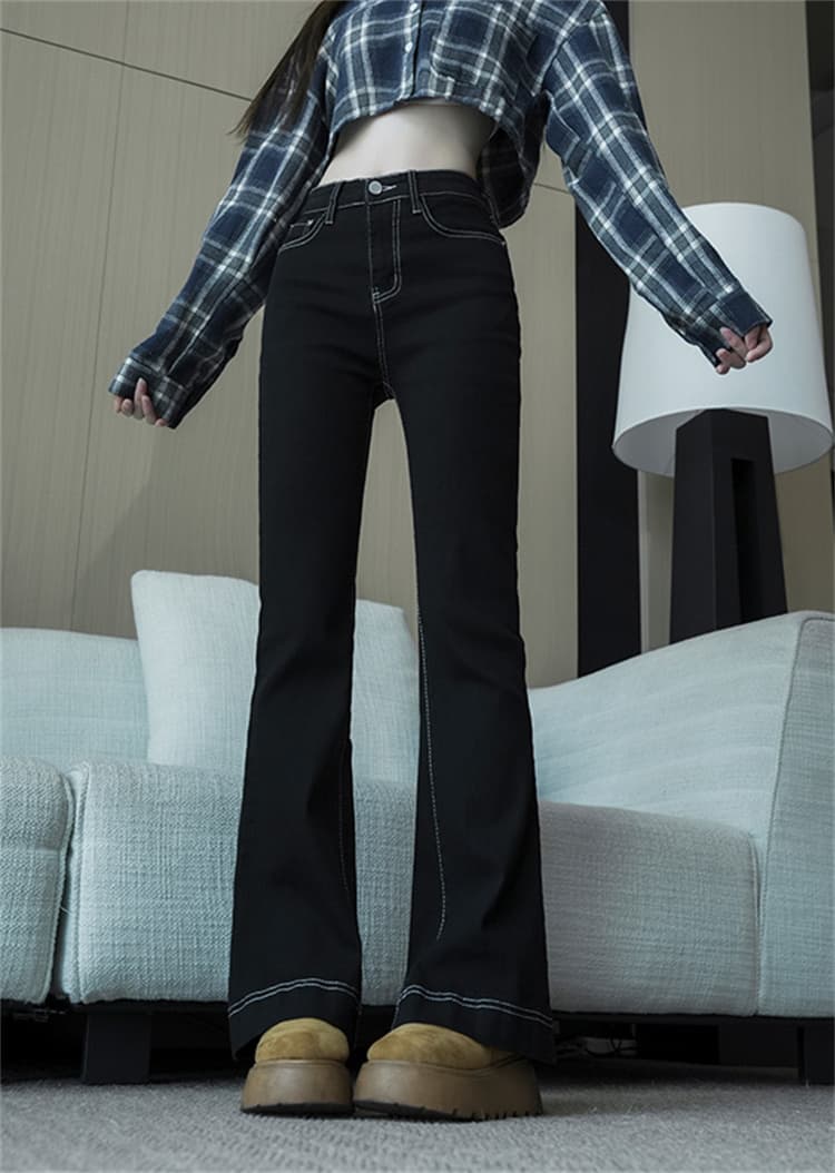 실사 봄 가을 마이크로 나팔 넓은 다리 패션 슬림해 보이는 청바지 여성 빅 사이즈 지방 mm 하이웨이스트 도루 센스 바닥 청소 바지 상세 이미지 4