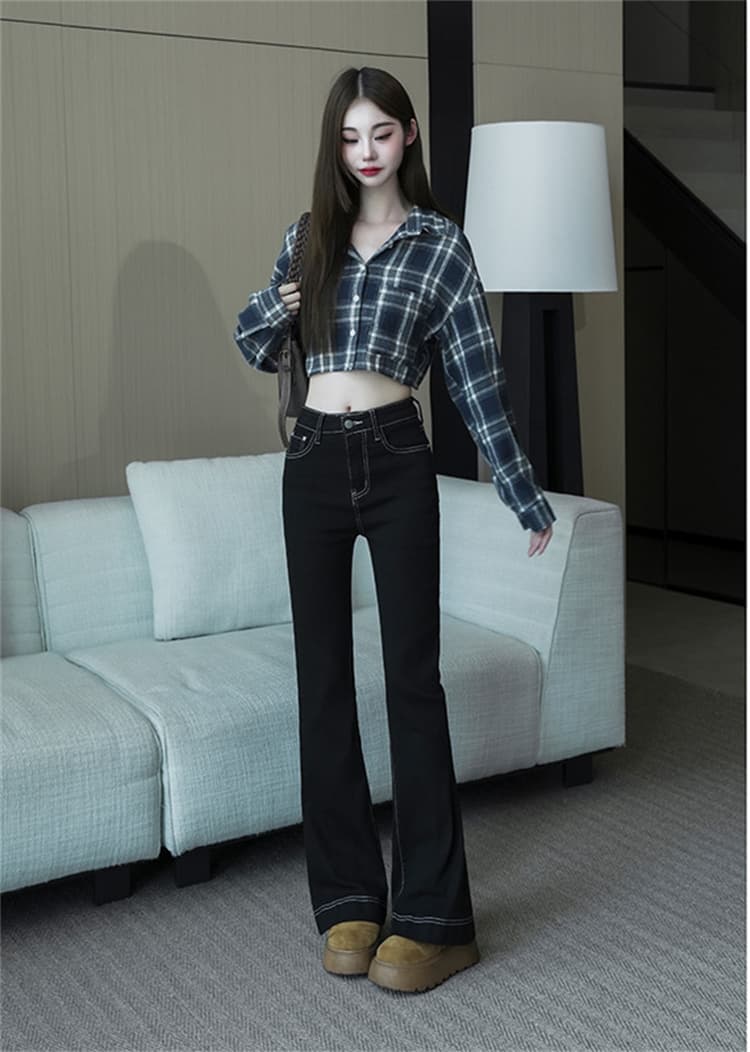 실사 봄 가을 마이크로 나팔 넓은 다리 패션 슬림해 보이는 청바지 여성 빅 사이즈 지방 mm 하이웨이스트 도루 센스 바닥 청소 바지 상세 이미지 6