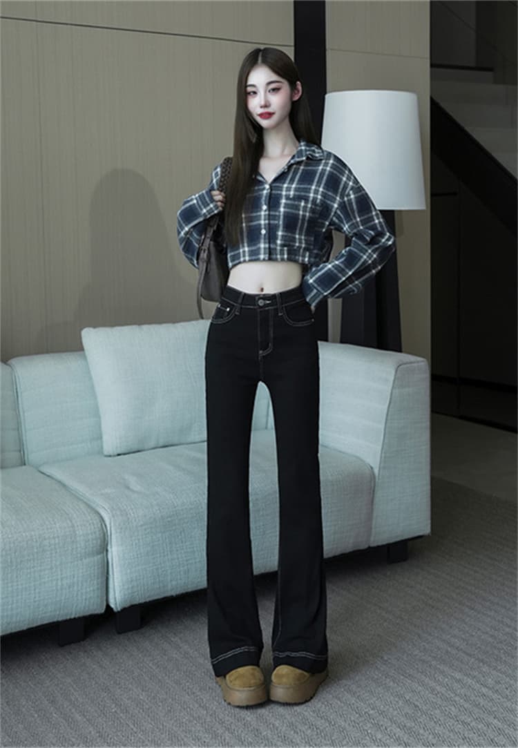 실사 봄 가을 마이크로 나팔 넓은 다리 패션 슬림해 보이는 청바지 여성 빅 사이즈 지방 mm 하이웨이스트 도루 센스 바닥 청소 바지 상세 이미지 7