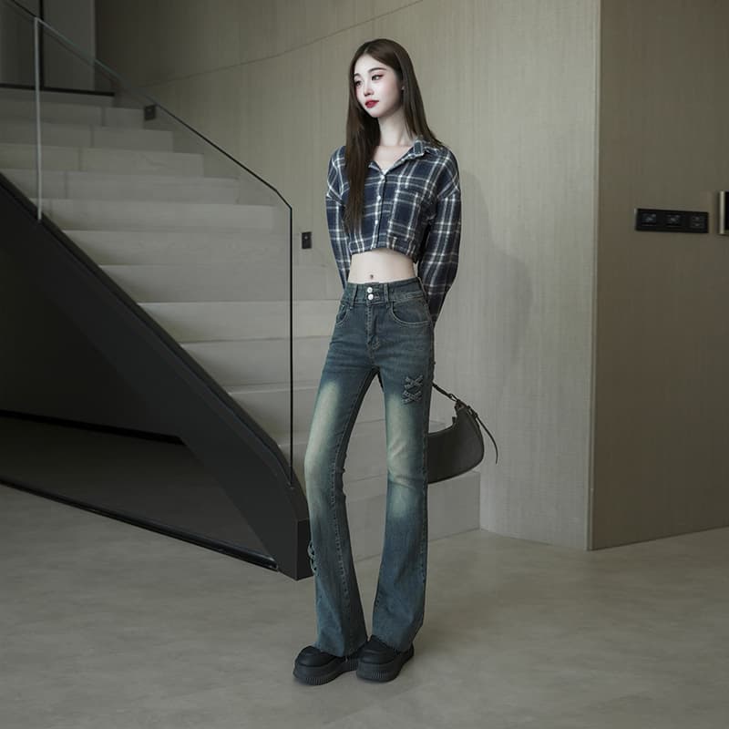 실사 봄 가을 부츠컷 청바지 아메리칸 슬림해 보이는 하이웨이스트 디자인 센스 나비 매듭 빅 사이즈 지방 mm 나팔 바지 이미지 3