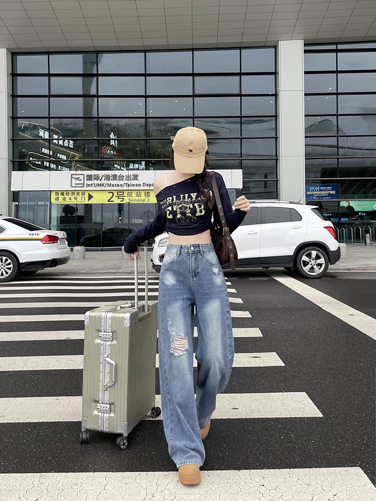 실사 봄 가을 레트로 찢어진 부분 청바지 여성 슬림해 보이는 하이웨이스트 루즈핏 스트레이트 바닥 청소 잉글랜드 와이드 레그 팬츠 어린이 상세 이미지 11