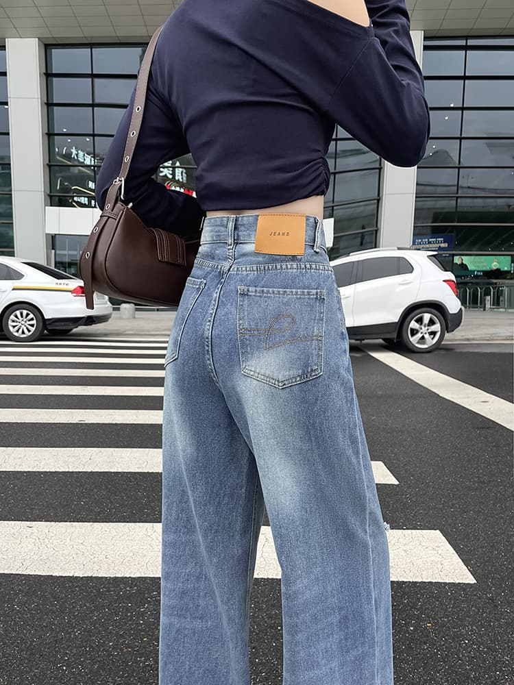 실사 봄 가을 레트로 찢어진 부분 청바지 여성 슬림해 보이는 하이웨이스트 루즈핏 스트레이트 바닥 청소 잉글랜드 와이드 레그 팬츠 어린이 상세 이미지 14