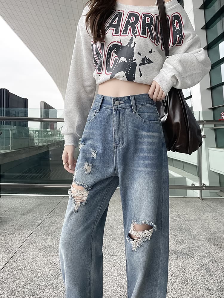 실사 봄 가을 하이웨이스트 찢어진 부분 청바지 여성 아메리칸 지방 mm 슬림해 보이는 루즈핏 스트레이트 넓은 다리 바닥 청소 바지 상세 이미지 8