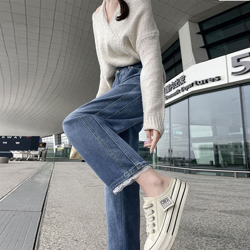 실사 봄 가을 넓은 다리 청바지 여성 레트로 부드러운 출퇴근 하이웨이스트 스트레이트 다용도 캐주얼 바지 이미지 3