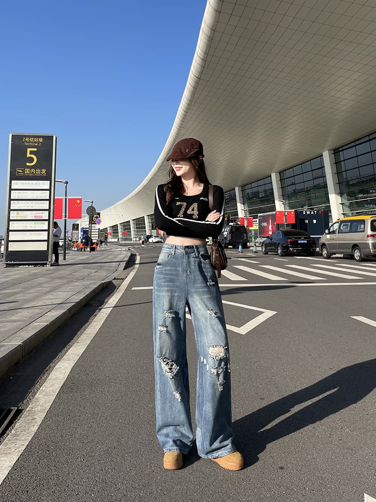 실사 봄 가을 아메리칸 레트로 찢어진 부분 넓은 다리 청바지 여성 하이웨이스트 슬림해 보이는 루즈핏 스트레이트 바닥 청소 바지 상세 이미지 8