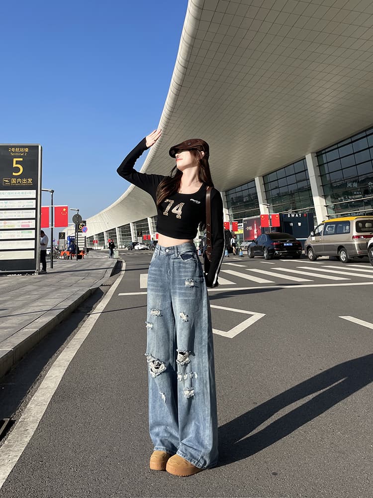 실사 봄 가을 아메리칸 레트로 찢어진 부분 넓은 다리 청바지 여성 하이웨이스트 슬림해 보이는 루즈핏 스트레이트 바닥 청소 바지 상세 이미지 9