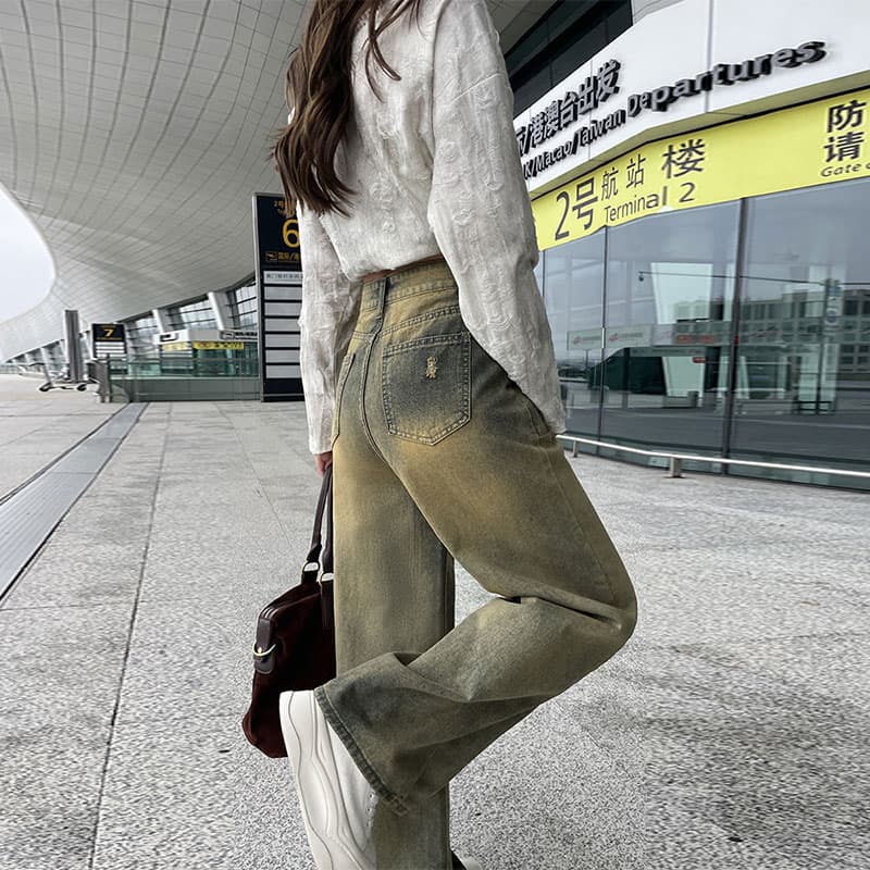 실사 봄 가을 아메리칸 레트로 불모지 바람 찢어진 부분 넓은 다리 청바지 여성 하이웨이스트 루즈핏 스트레이트 바지 이미지 2