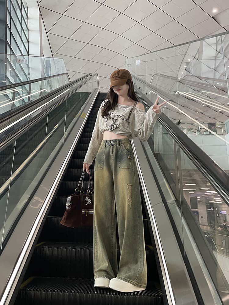 실사 봄 가을 아메리칸 레트로 불모지 바람 찢어진 부분 넓은 다리 청바지 여성 하이웨이스트 루즈핏 스트레이트 바지 상세 이미지 6