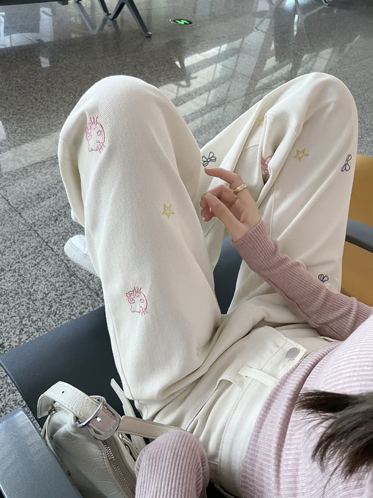 실사 봄 가을 귀여운 자수 kitty 고양이 새로운 청바지 여성 빅 사이즈 하이웨이스트 루즈핏 스트레이트 와이드 레그 팬츠 어린이 상세 이미지 17