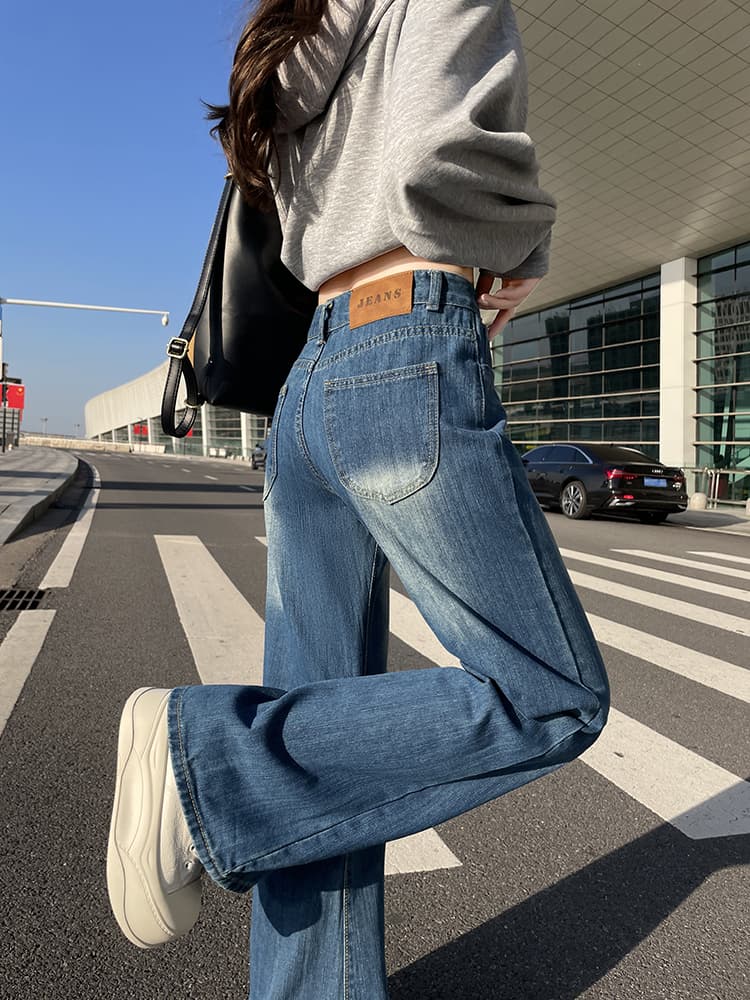 실사 봄 가을 레트로 블루 부츠컷 청바지 여성 통통한 여동생 하이웨이스트 표지 넓적 다리 슬림해 보이는 배 종류 몸 나팔 바지