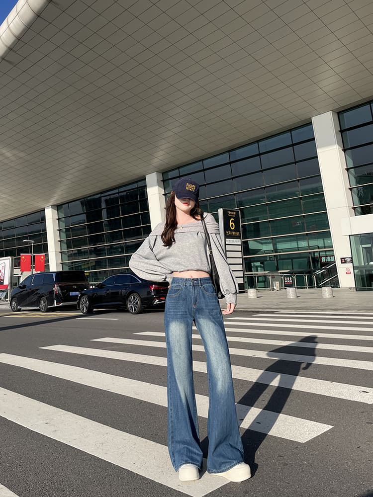 실사 봄 가을 레트로 블루 부츠컷 청바지 여성 통통한 여동생 하이웨이스트 표지 넓적 다리 슬림해 보이는 배 종류 몸 나팔 바지 상세 이미지 10
