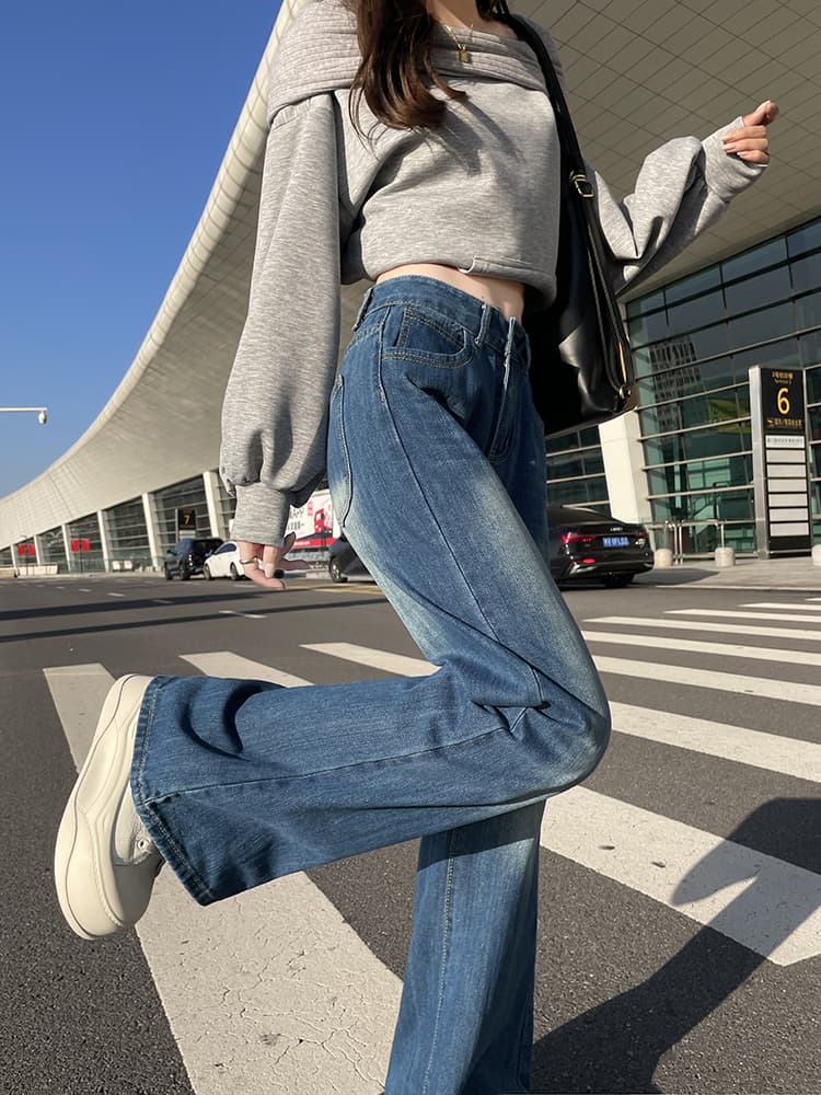 실사 봄 가을 레트로 블루 부츠컷 청바지 여성 통통한 여동생 하이웨이스트 표지 넓적 다리 슬림해 보이는 배 종류 몸 나팔 바지 상세 이미지 13
