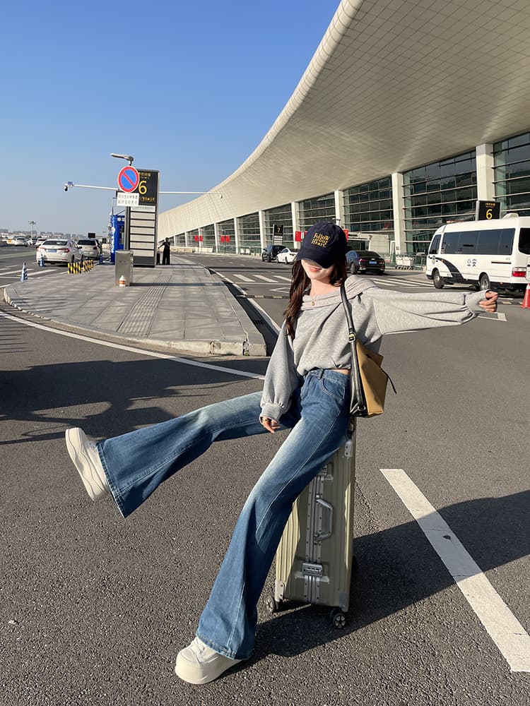 실사 봄 가을 레트로 블루 부츠컷 청바지 여성 통통한 여동생 하이웨이스트 표지 넓적 다리 슬림해 보이는 배 종류 몸 나팔 바지 상세 이미지 17