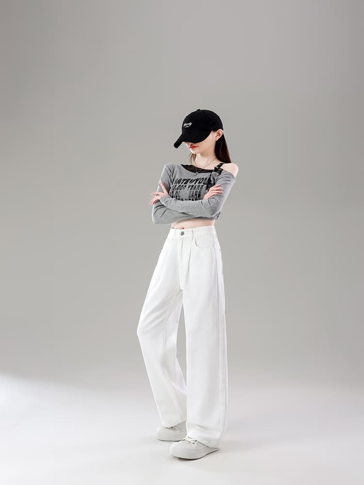 실사 봄 가을 화이트 빅 사이즈 지방 mm 다용도 넓은 다리 데님 긴 바지 주름 루즈핏 하이웨이스트 캐주얼 바닥 청소 바지 상세 이미지 6