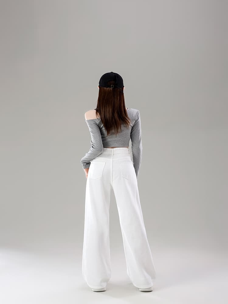 실사 봄 가을 화이트 빅 사이즈 지방 mm 다용도 넓은 다리 데님 긴 바지 주름 루즈핏 하이웨이스트 캐주얼 바닥 청소 바지 상세 이미지 12