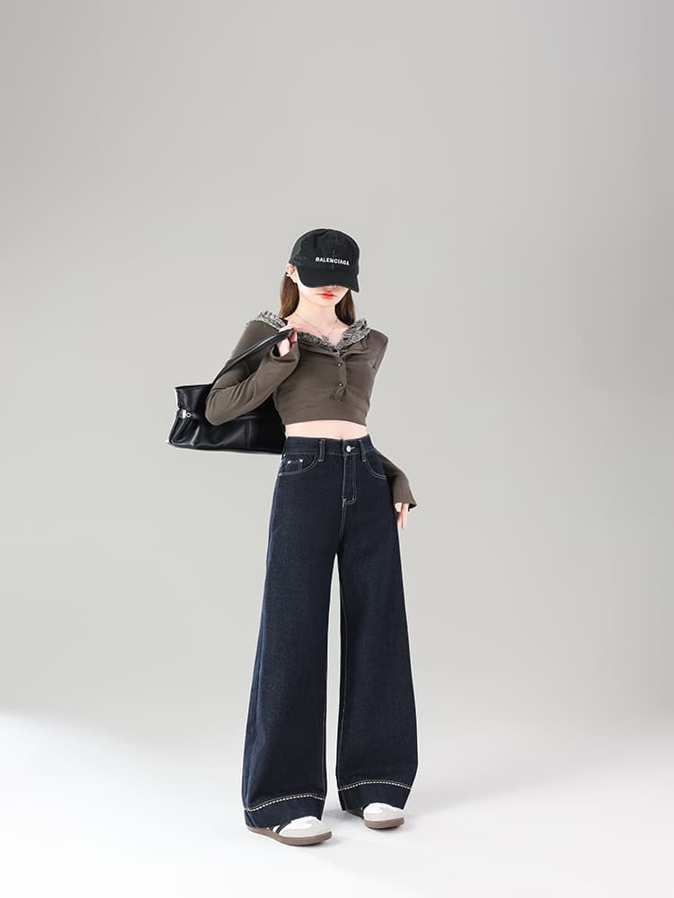 실사 봄 가을 검정색 하이웨이스트 좁은 에디션 넓은 다리 청바지 여성 지방 mm 슬림해 보이는 루즈핏 스트레이트 바지 상세 이미지 5
