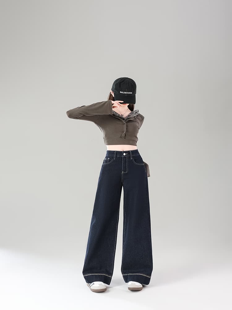 실사 봄 가을 검정색 하이웨이스트 좁은 에디션 넓은 다리 청바지 여성 지방 mm 슬림해 보이는 루즈핏 스트레이트 바지 상세 이미지 8