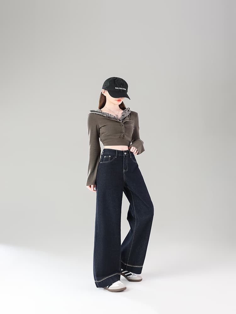 실사 봄 가을 검정색 하이웨이스트 좁은 에디션 넓은 다리 청바지 여성 지방 mm 슬림해 보이는 루즈핏 스트레이트 바지 상세 이미지 10