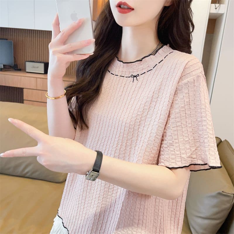 실사 2026 여름 새로운 다용도 루즈핏 패션 한국 스타일 나비 매듭 반하이넥 맨위 반팔 티셔츠 여성 이미지 3