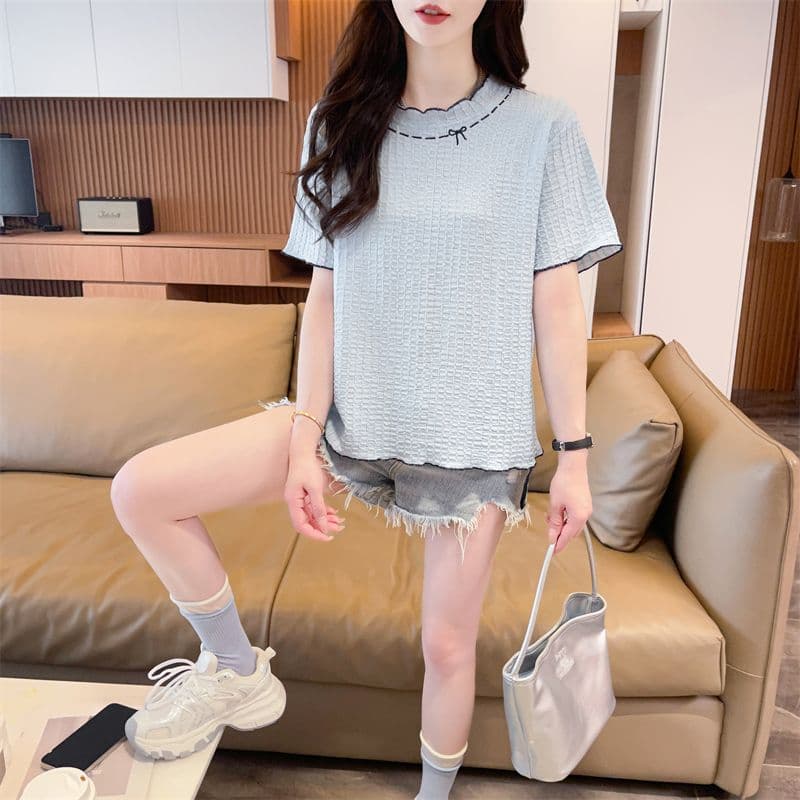 실사 2026 여름 새로운 다용도 루즈핏 패션 한국 스타일 나비 매듭 반하이넥 맨위 반팔 티셔츠 여성 상세 이미지 13
