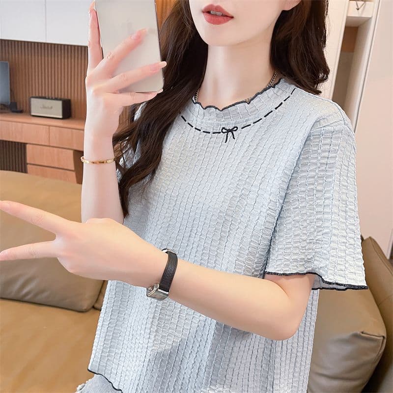 실사 2026 여름 새로운 다용도 루즈핏 패션 한국 스타일 나비 매듭 반하이넥 맨위 반팔 티셔츠 여성 상세 이미지 15