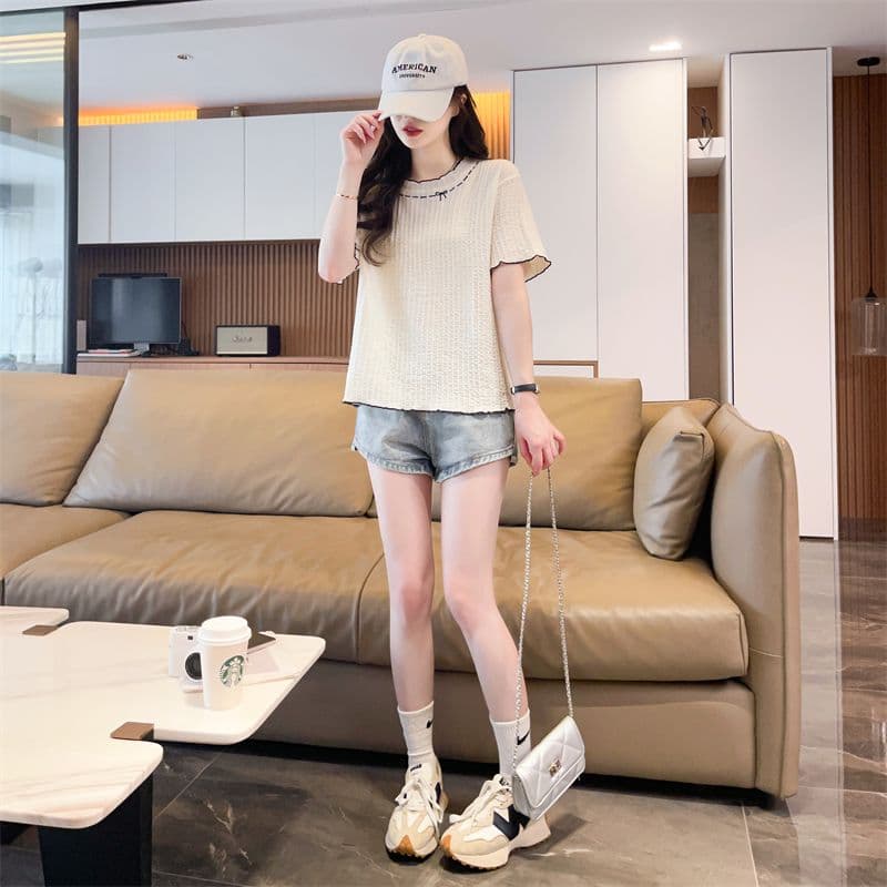 실사 2026 여름 새로운 다용도 루즈핏 패션 한국 스타일 나비 매듭 반하이넥 맨위 반팔 티셔츠 여성 상세 이미지 19