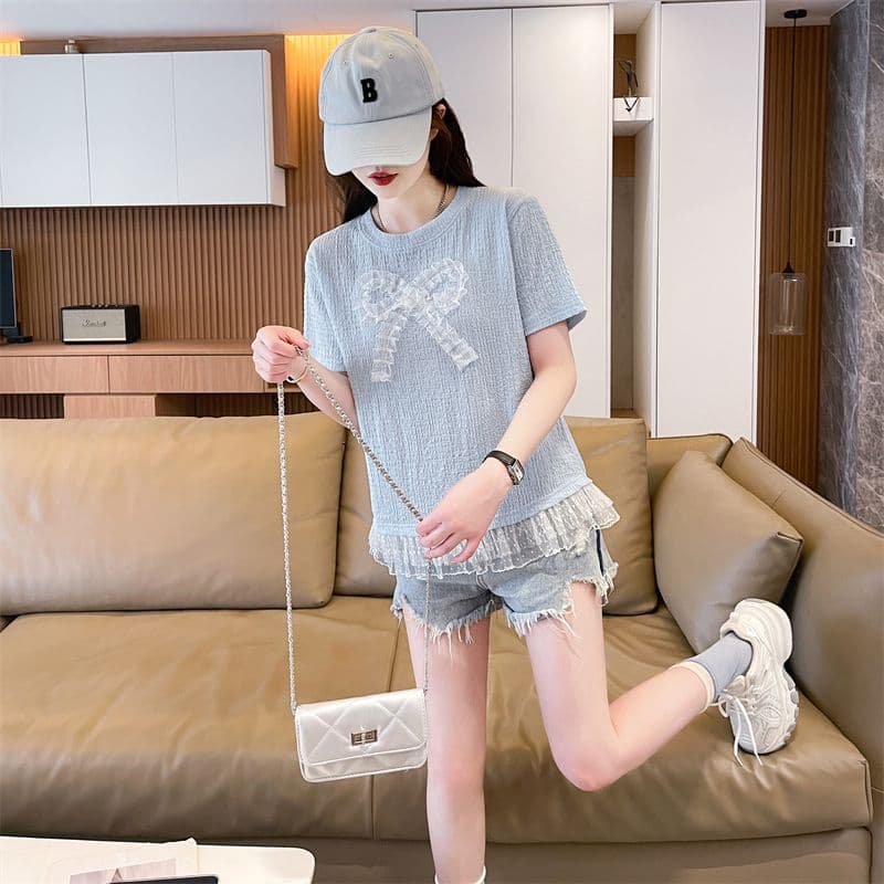 실사 2026 여름 새로운 루즈핏 패션 한 대형 버전 나비 매듭 레이스 품격 맨위 반팔 티셔츠 여성 상세 이미지 4