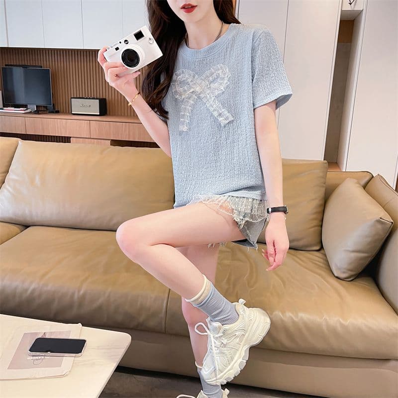 실사 2026 여름 새로운 루즈핏 패션 한 대형 버전 나비 매듭 레이스 품격 맨위 반팔 티셔츠 여성 상세 이미지 5