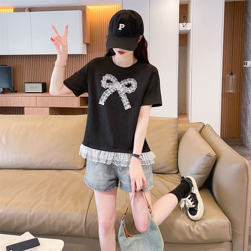 실사 2026 여름 새로운 루즈핏 패션 한 대형 버전 나비 매듭 레이스 품격 맨위 반팔 티셔츠 여성 상세 이미지 20