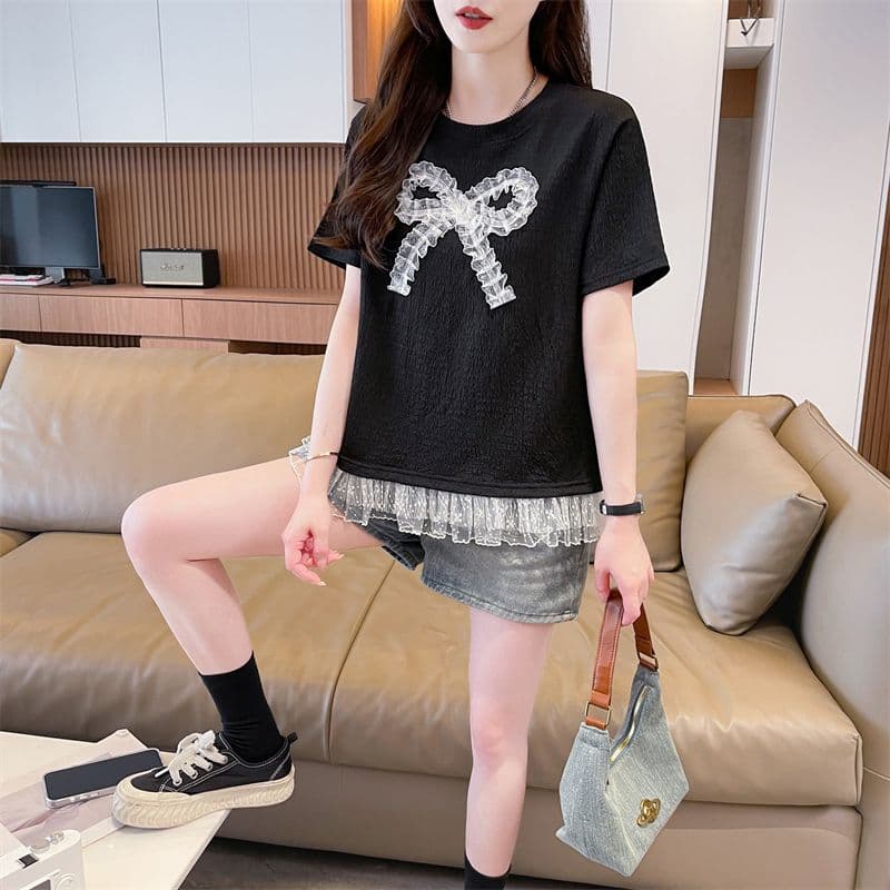 실사 2026 여름 새로운 루즈핏 패션 한 대형 버전 나비 매듭 레이스 품격 맨위 반팔 티셔츠 여성 상세 이미지 21