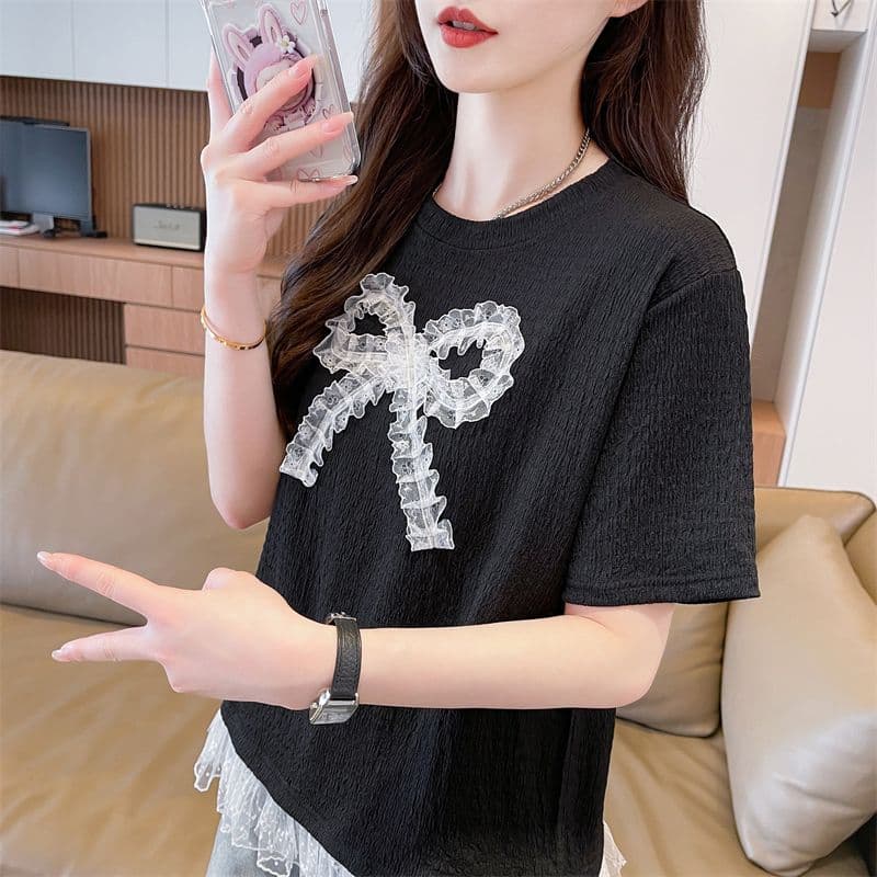 실사 2026 여름 새로운 루즈핏 패션 한 대형 버전 나비 매듭 레이스 품격 맨위 반팔 티셔츠 여성 상세 이미지 24