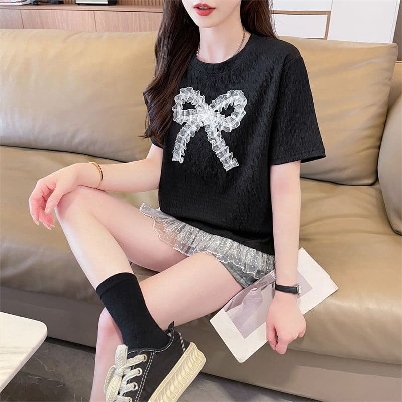 실사 2026 여름 새로운 루즈핏 패션 한 대형 버전 나비 매듭 레이스 품격 맨위 반팔 티셔츠 여성 상세 이미지 26