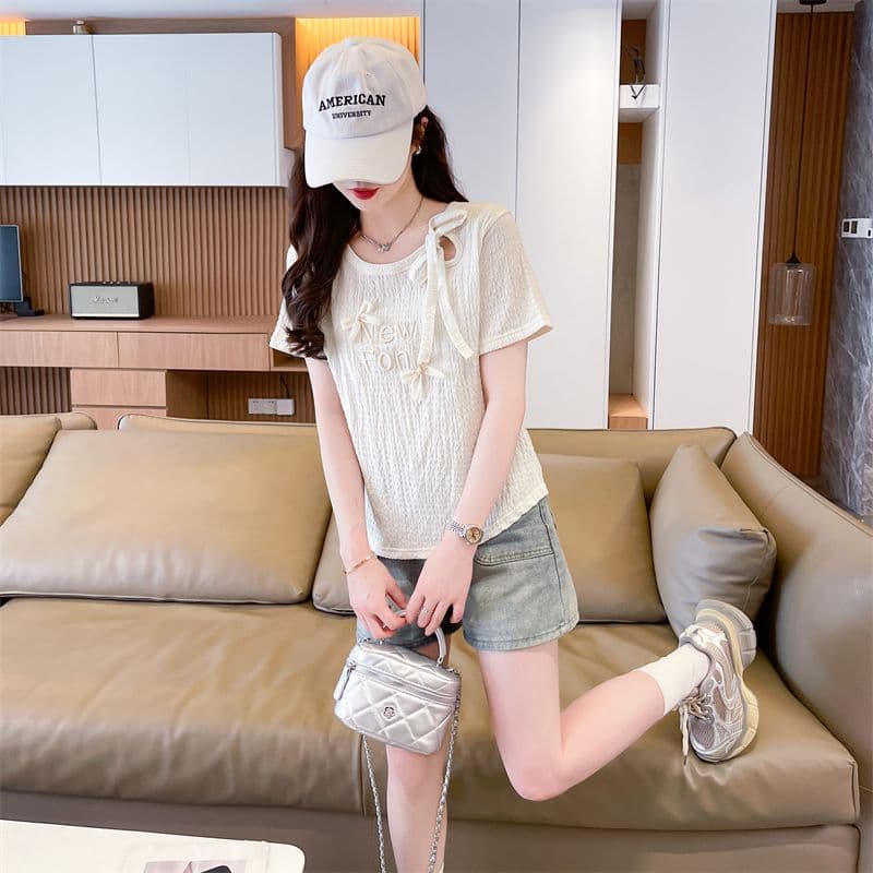 실사 2026 여름 새로운 다용도 패션 한국 스타일 나비 넥타이 디자인 센스 맨위 반팔 티셔츠 여성 상세 이미지 22