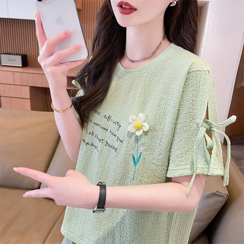 실사 반팔 티셔츠 여성 여름 새로운 다용도 패션 한국 스타일 꽃 알파벳 레이스업 디자인 센스 맨위 이미지 4