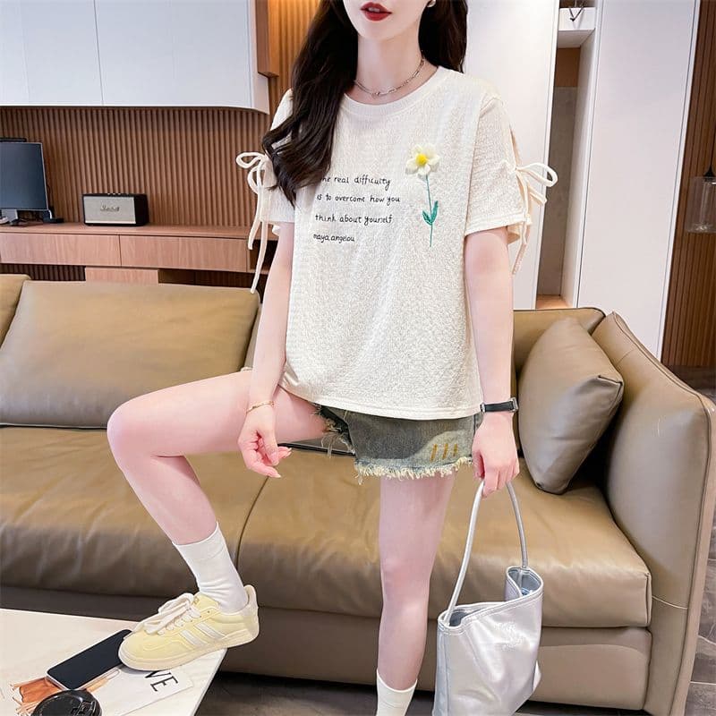 실사 반팔 티셔츠 여성 여름 새로운 다용도 패션 한국 스타일 꽃 알파벳 레이스업 디자인 센스 맨위 상세 이미지 8