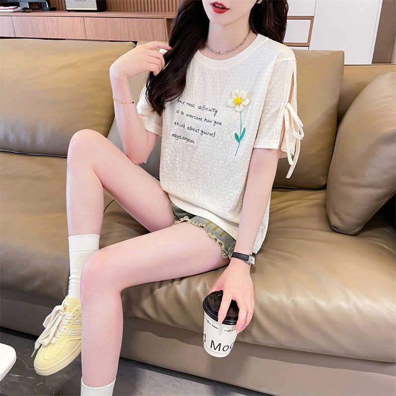 실사 반팔 티셔츠 여성 여름 새로운 다용도 패션 한국 스타일 꽃 알파벳 레이스업 디자인 센스 맨위 상세 이미지 13