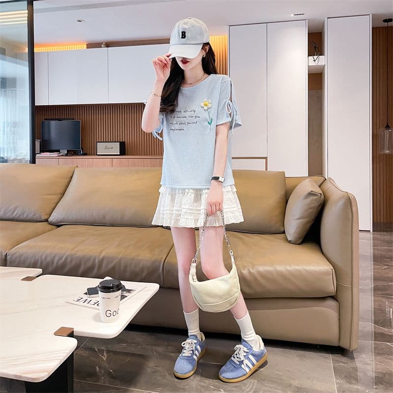 실사 반팔 티셔츠 여성 여름 새로운 다용도 패션 한국 스타일 꽃 알파벳 레이스업 디자인 센스 맨위 상세 이미지 14