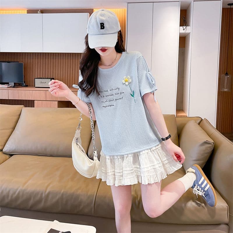 실사 반팔 티셔츠 여성 여름 새로운 다용도 패션 한국 스타일 꽃 알파벳 레이스업 디자인 센스 맨위 상세 이미지 15