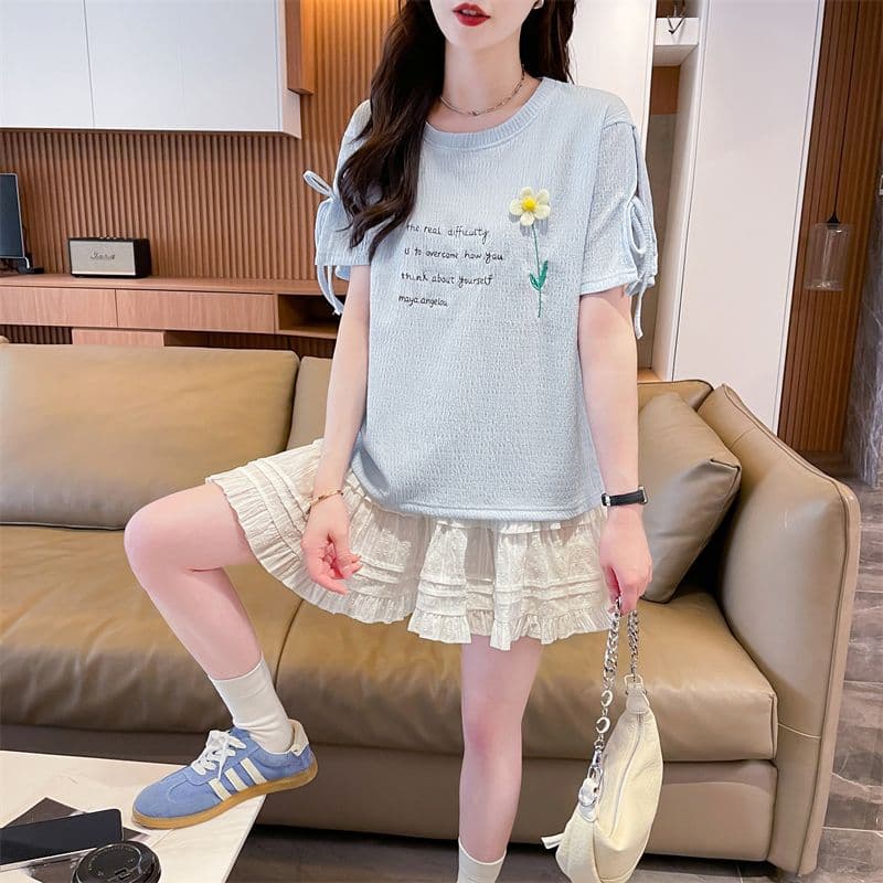 실사 반팔 티셔츠 여성 여름 새로운 다용도 패션 한국 스타일 꽃 알파벳 레이스업 디자인 센스 맨위 상세 이미지 16