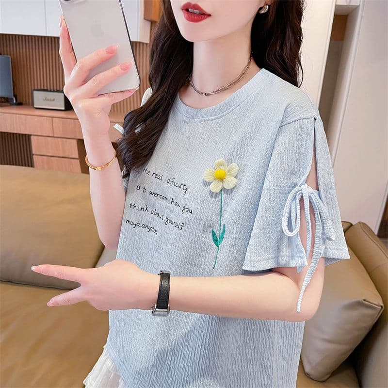 실사 반팔 티셔츠 여성 여름 새로운 다용도 패션 한국 스타일 꽃 알파벳 레이스업 디자인 센스 맨위 상세 이미지 19