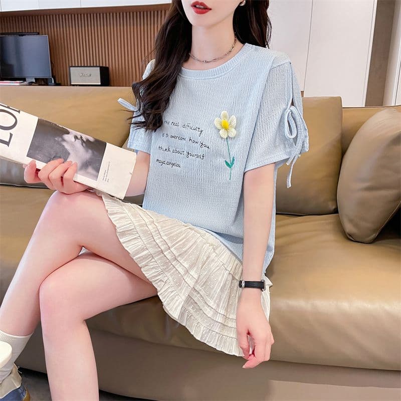실사 반팔 티셔츠 여성 여름 새로운 다용도 패션 한국 스타일 꽃 알파벳 레이스업 디자인 센스 맨위 상세 이미지 21