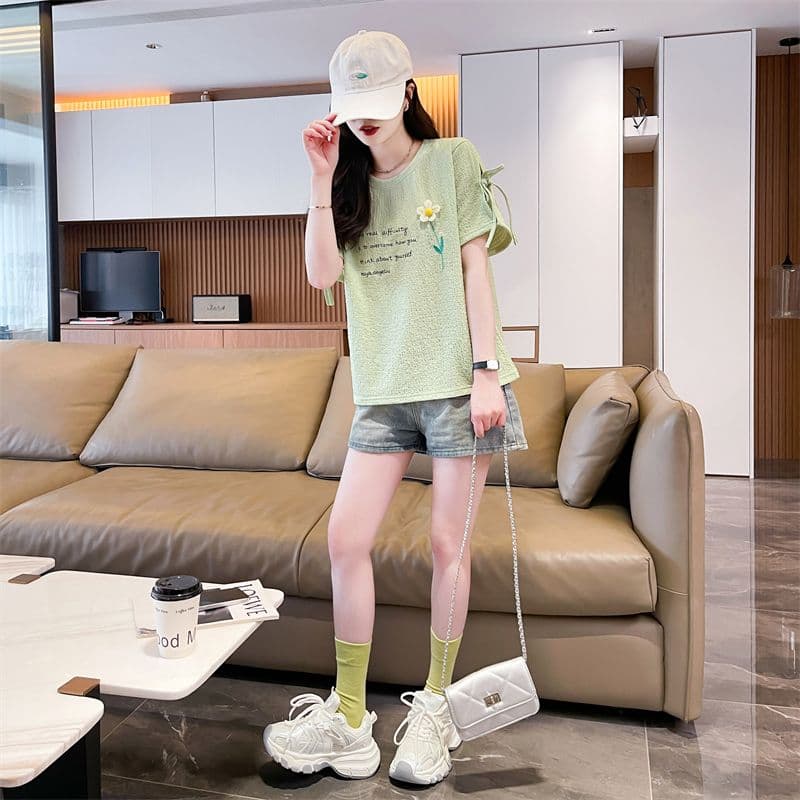 실사 반팔 티셔츠 여성 여름 새로운 다용도 패션 한국 스타일 꽃 알파벳 레이스업 디자인 센스 맨위 상세 이미지 22