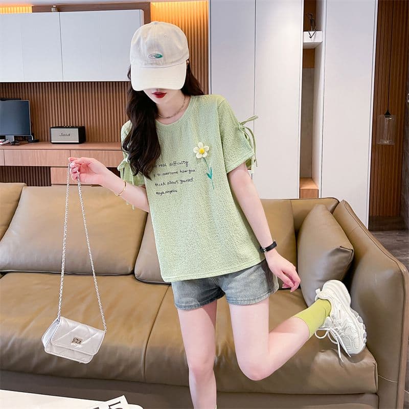 실사 반팔 티셔츠 여성 여름 새로운 다용도 패션 한국 스타일 꽃 알파벳 레이스업 디자인 센스 맨위 상세 이미지 23