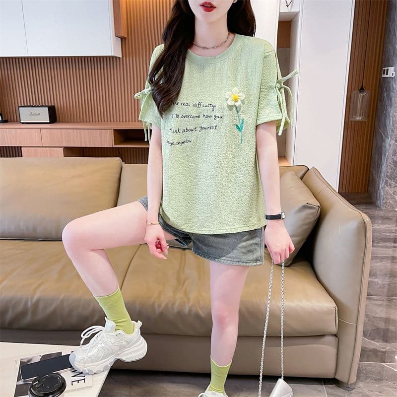 실사 반팔 티셔츠 여성 여름 새로운 다용도 패션 한국 스타일 꽃 알파벳 레이스업 디자인 센스 맨위 상세 이미지 24