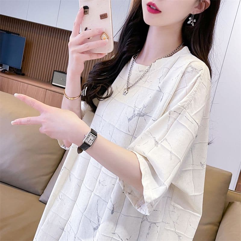 실사 2026 여름 80 면 20 폴리에스터 다용도 루즈핏 홀치기 염색 화상 꽃 의류 반팔 티셔츠 여성 이미지 4