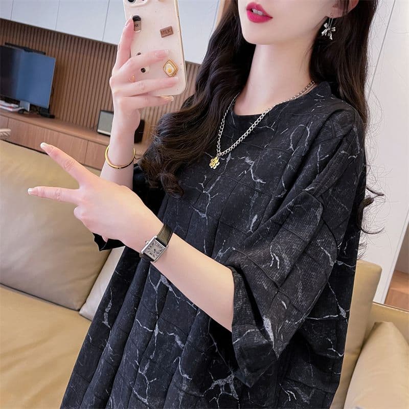 실사 2026 여름 80 면 20 폴리에스터 다용도 루즈핏 홀치기 염색 화상 꽃 의류 반팔 티셔츠 여성 이미지 5